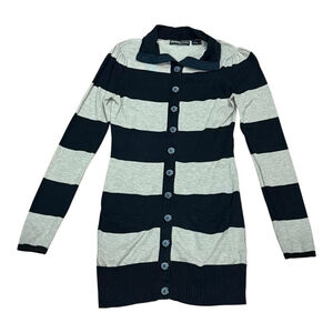 Guess Jeans Sweater Womens XS Black Gray Striped Button Up Long Cardigan Pockets